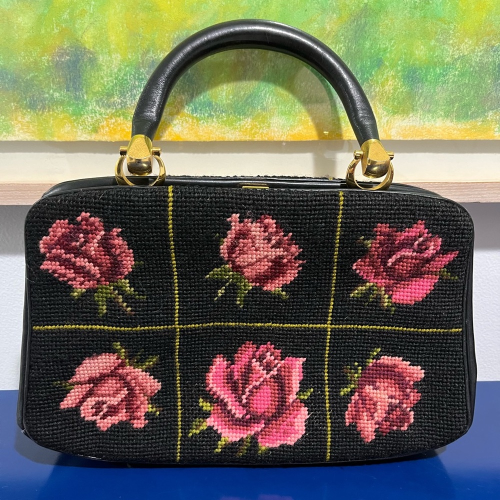 Rosenfeld Rose Floral Needlework Embroidery Purse Bag Black Vintage 50s 60s